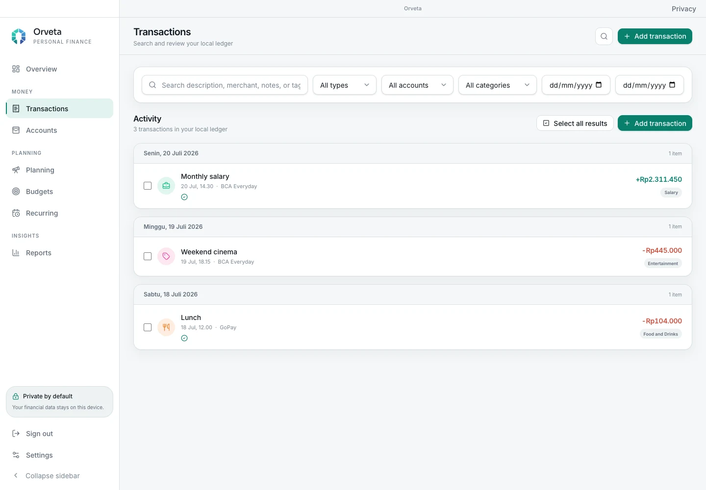 Orveta transaction list with three example transactions: monthly salary, cinema, and lunch.
